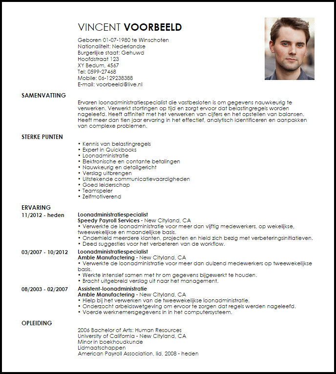 payroll specialist voorbeeld cv