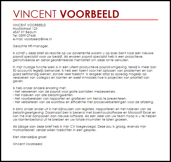 Voorbeeld Sollicitatiebrief Payroll Specialist Livecareer