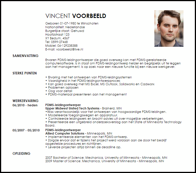 pdms leidingontwerper voorbeeld cv