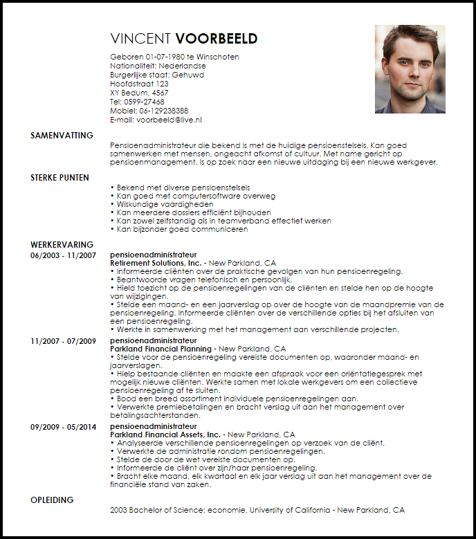 pensioenadministrateur voorbeeld cv