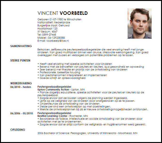 peuterspeelzaalbegeleider voorbeeld cv