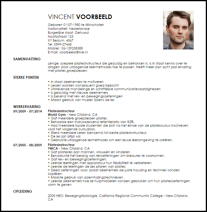 pilatesinstructeur voorbeeld cv