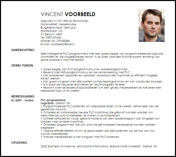 plc programmeur voorbeeld cv