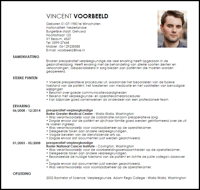 preoperatief verpleegkundige voorbeeld cv