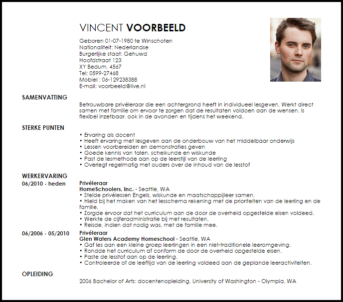 privéleraar voorbeeld cv