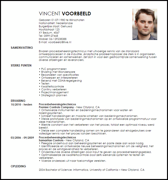 process controls engineer voorbeeld cv