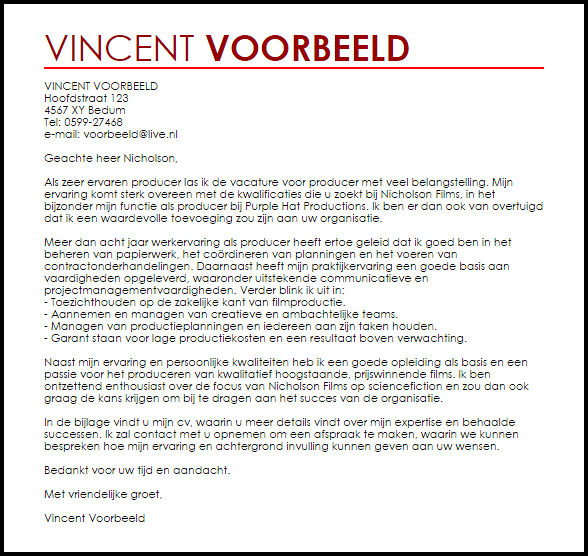 Voorbeeld Sollicitatiebrief Producer Livecareer