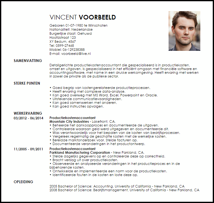 productiekostenaccountant voorbeeld cv