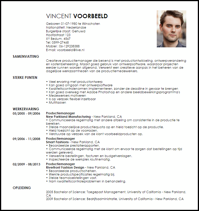 productiemanager voorbeeld cv