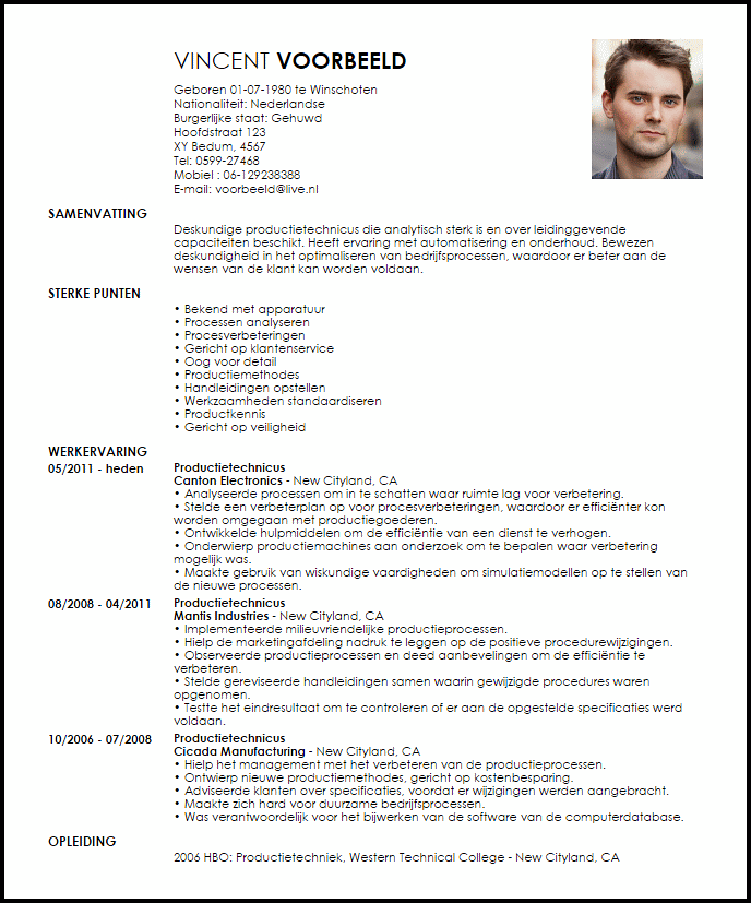 productietechnicus voorbeeld cv