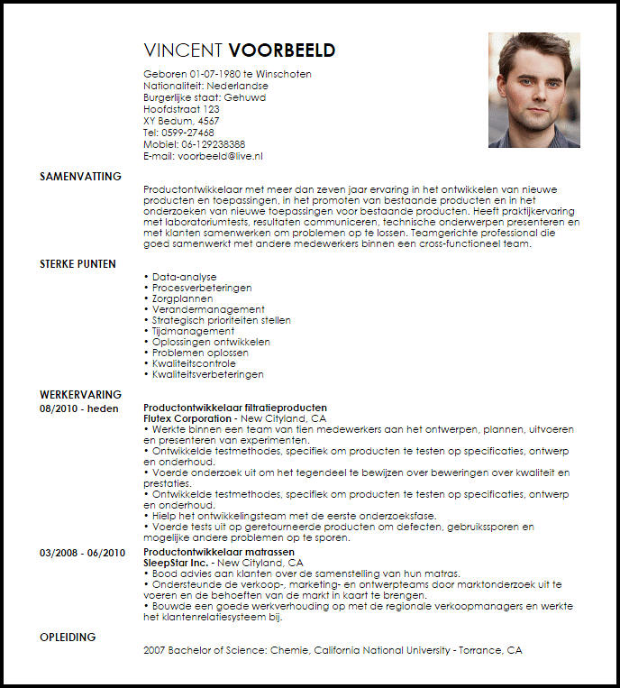 productontwikkelaar voorbeeld cv