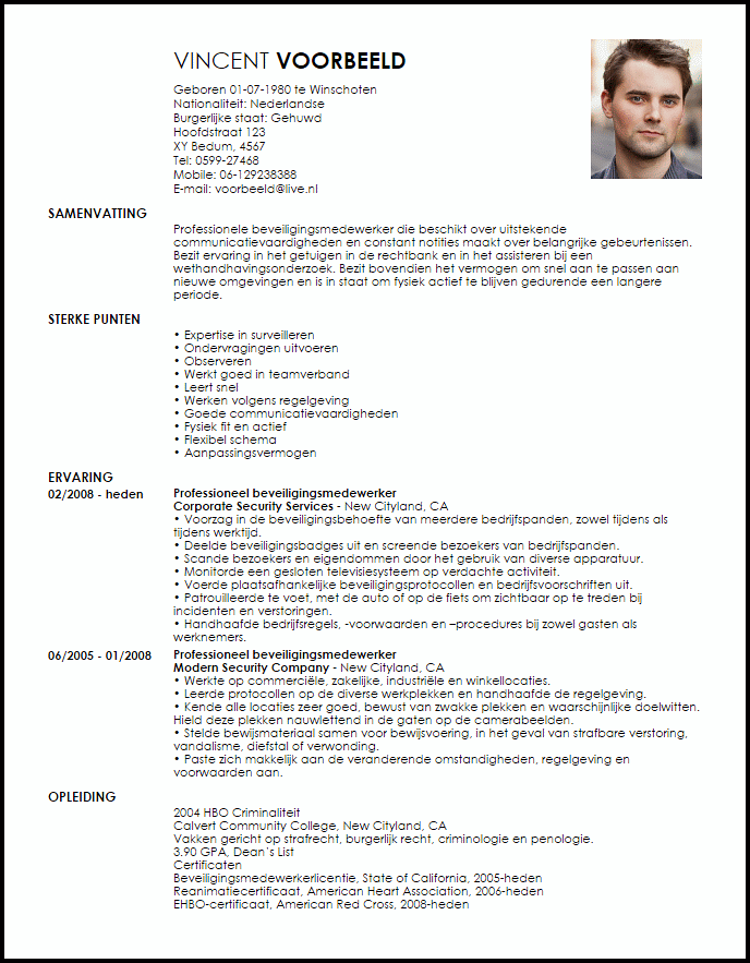 professional security officer voorbeeld cv