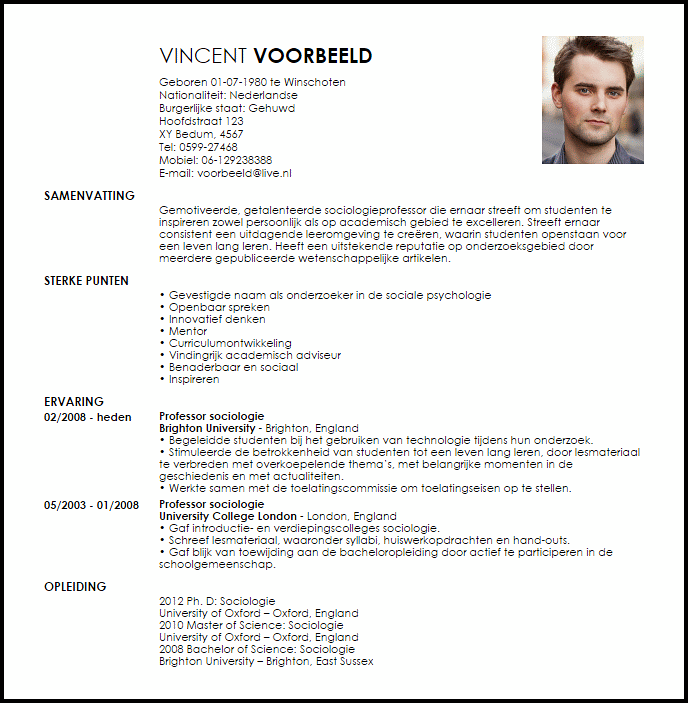 professor voorbeeld cv