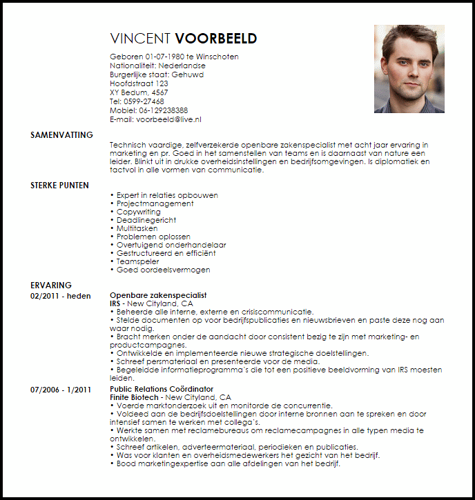 public affairs specialist voorbeeld cv