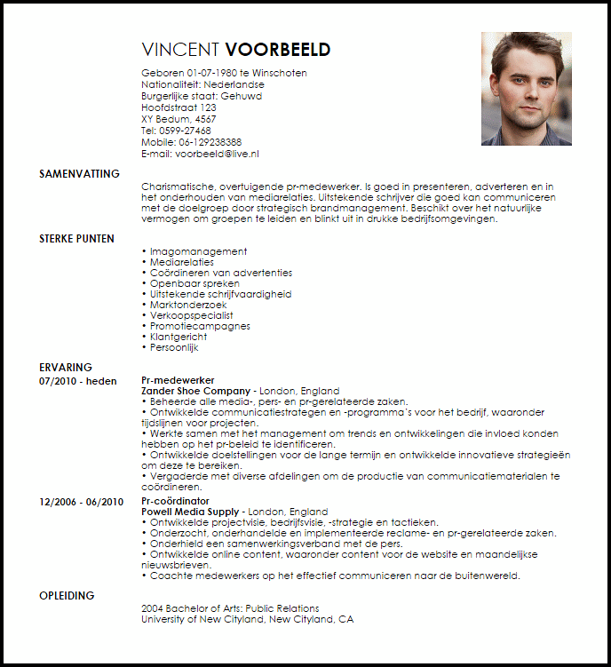 public relations voorbeeld cv