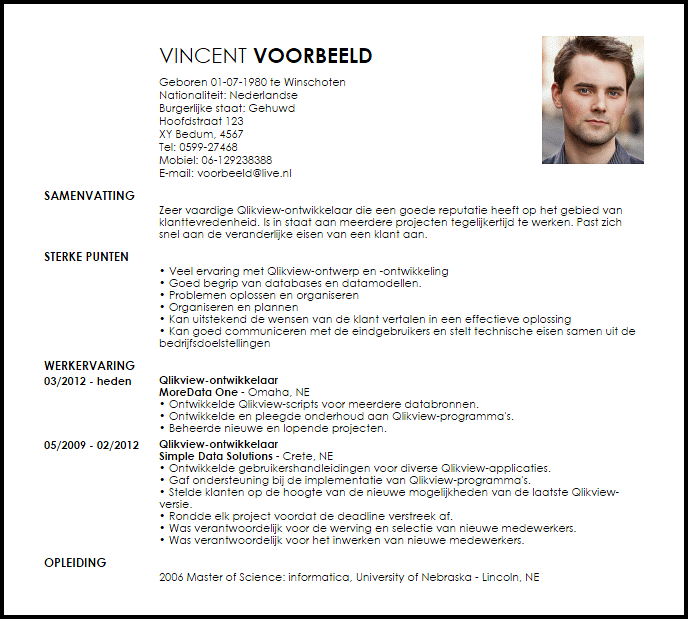 qlikview ontwikkelaar voorbeeld cv