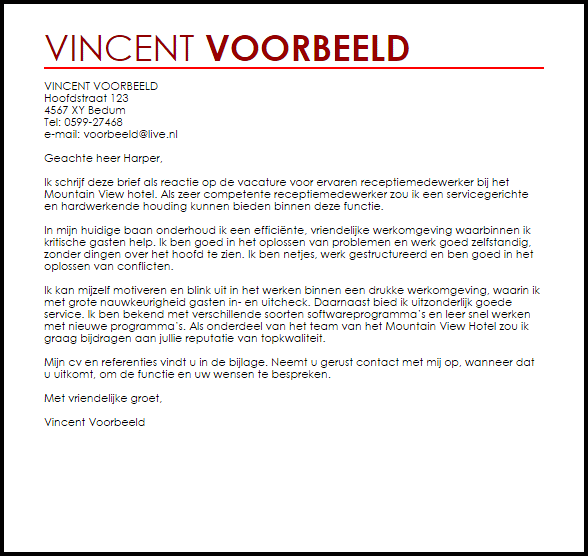 receptiemedewerker sollicitatiebrief