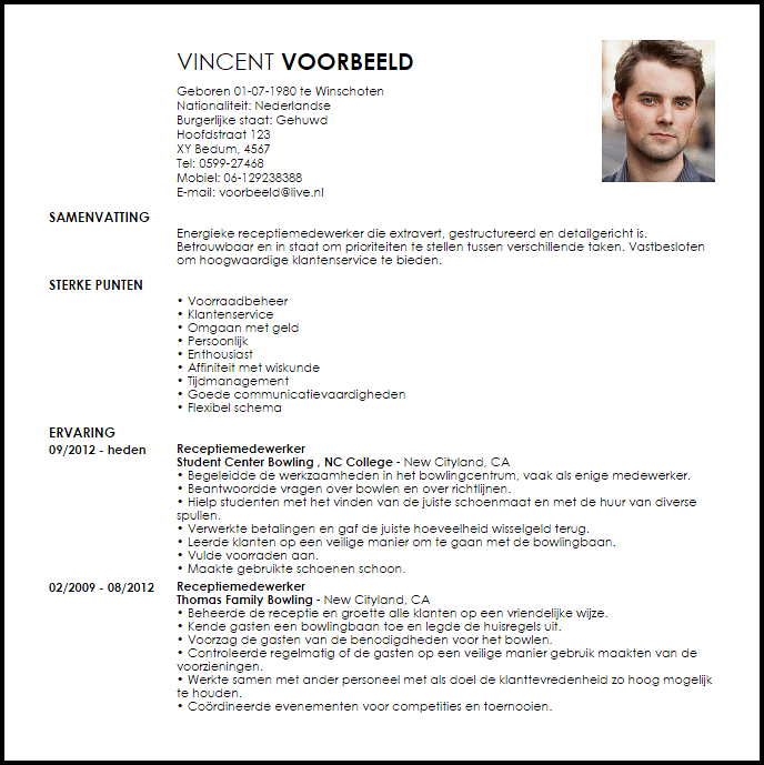 receptiemedewerker voorbeeld curriculum