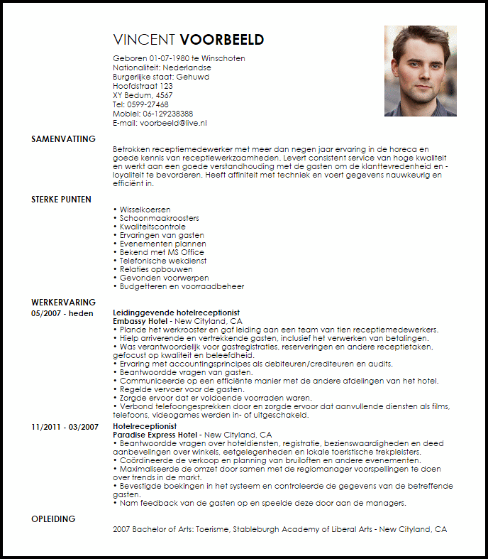 receptiemedewerker voorbeeld cv