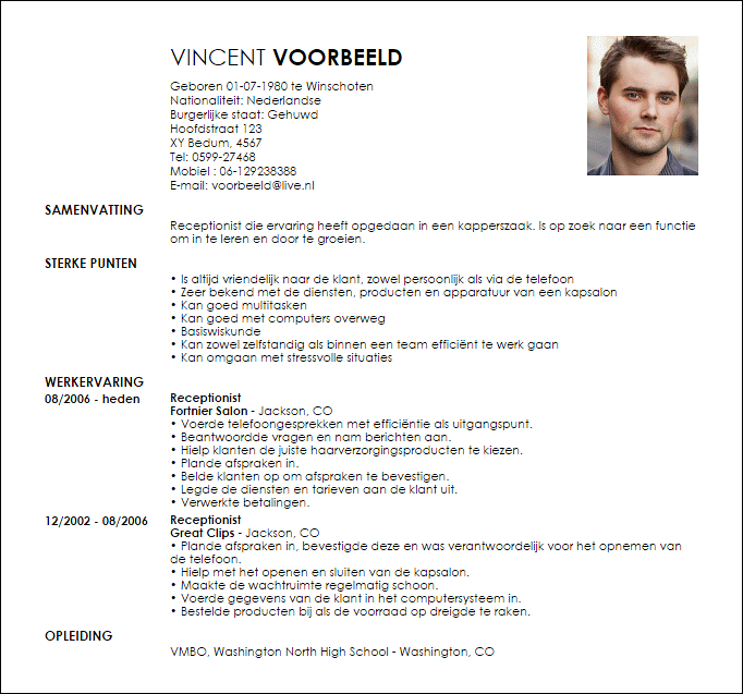 receptionist voorbeeld curriculum vitae