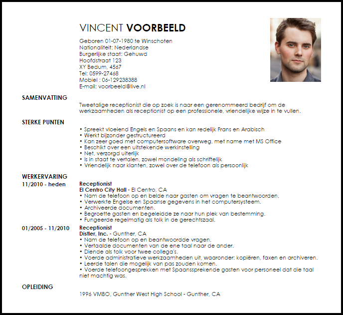 receptionist voorbeeld cv