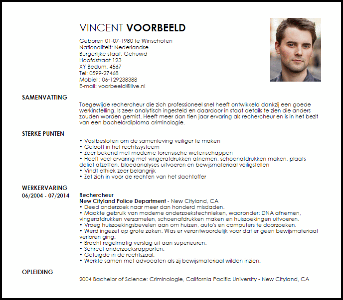 rechercheur voorbeeld cv