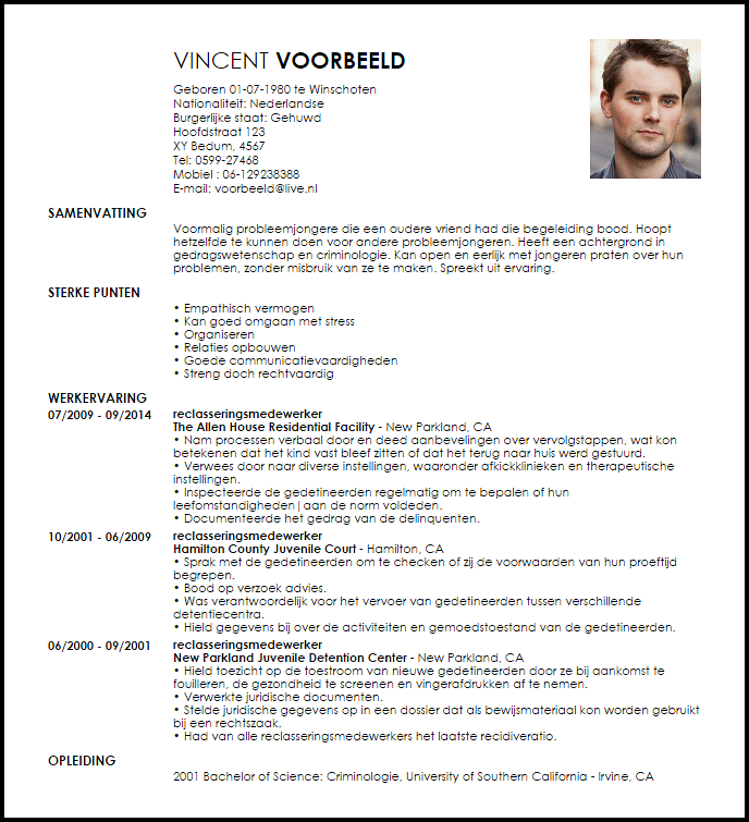 reclasseringsmedewerker voorbeeld cv