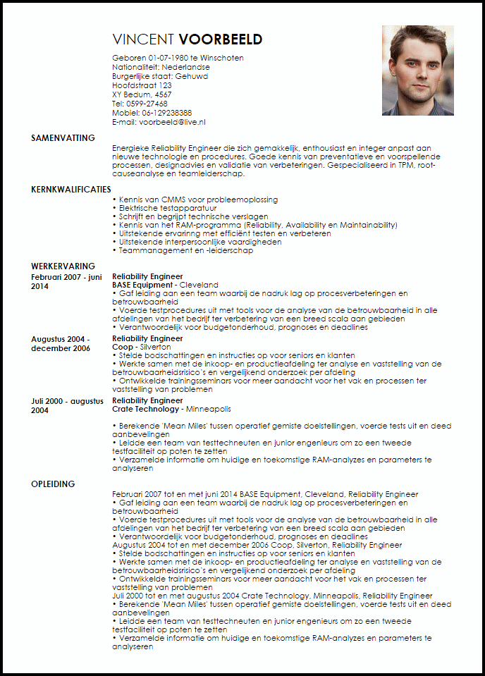 reliability engineer voorbeeld cv