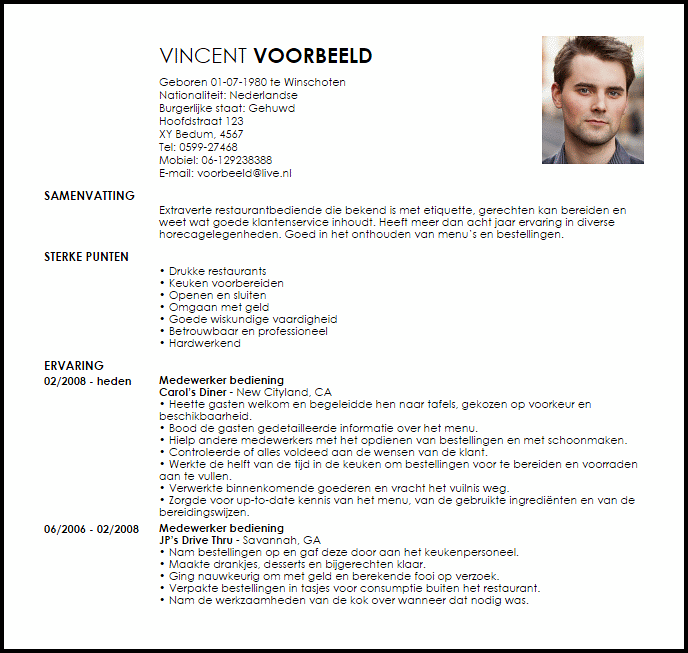 restaurant team member voorbeeld cv