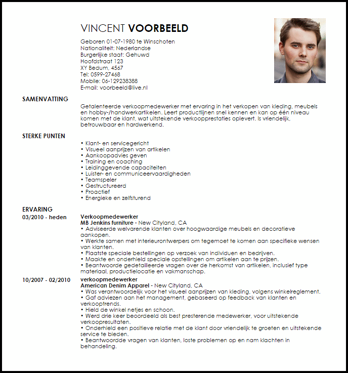 retail sales representative voorbeeld cv