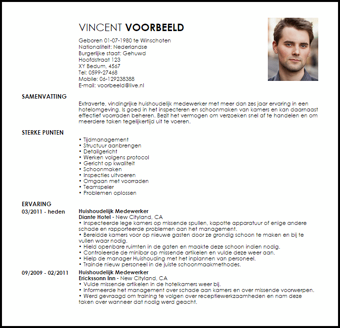 room attendant voorbeeld cv