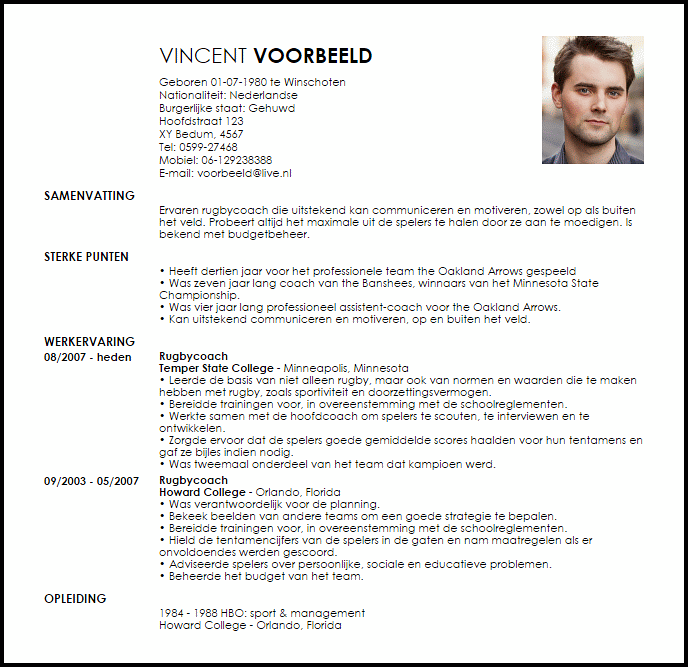 rugbycoach voorbeeld cv