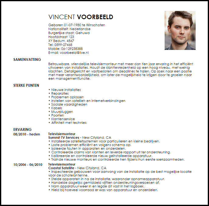 satellite tv technician voorbeeld cv