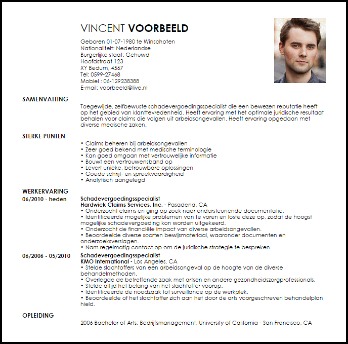 schadevergoedingsspecialist voorbeeld cv