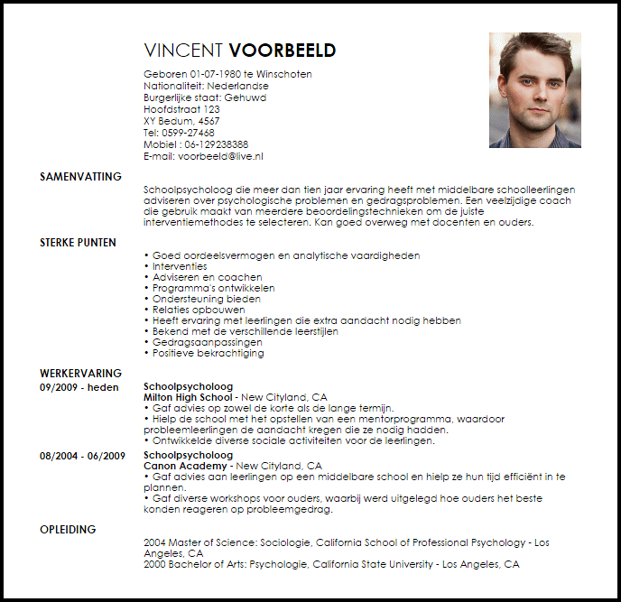 schoolpsycholoog voorbeeld cv