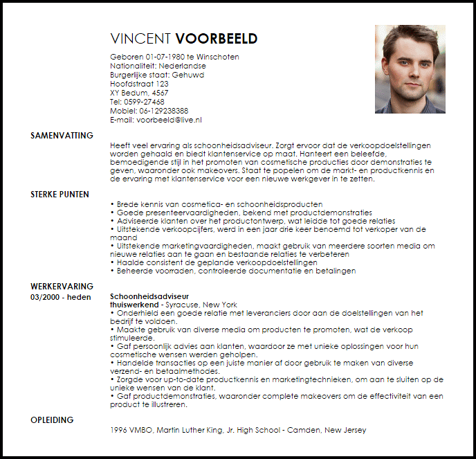 schoonheidsadviseur voorbeeld cv