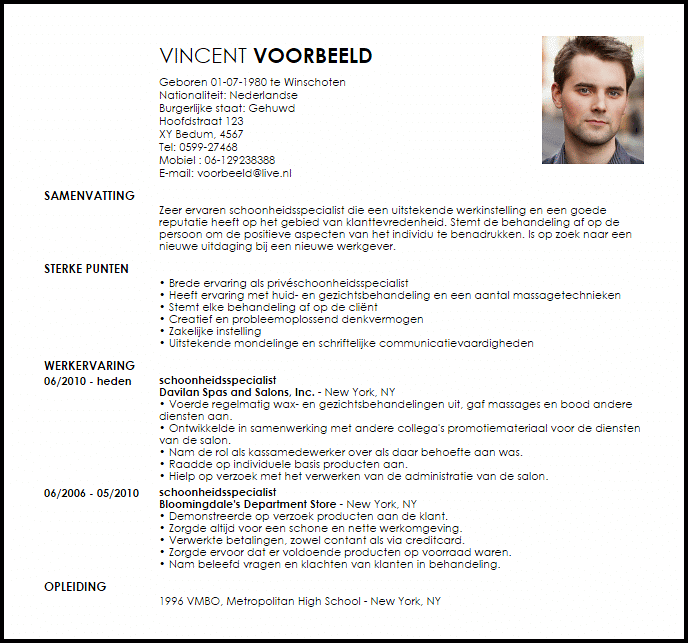 schoonheidsspecialist voorbeeld cv