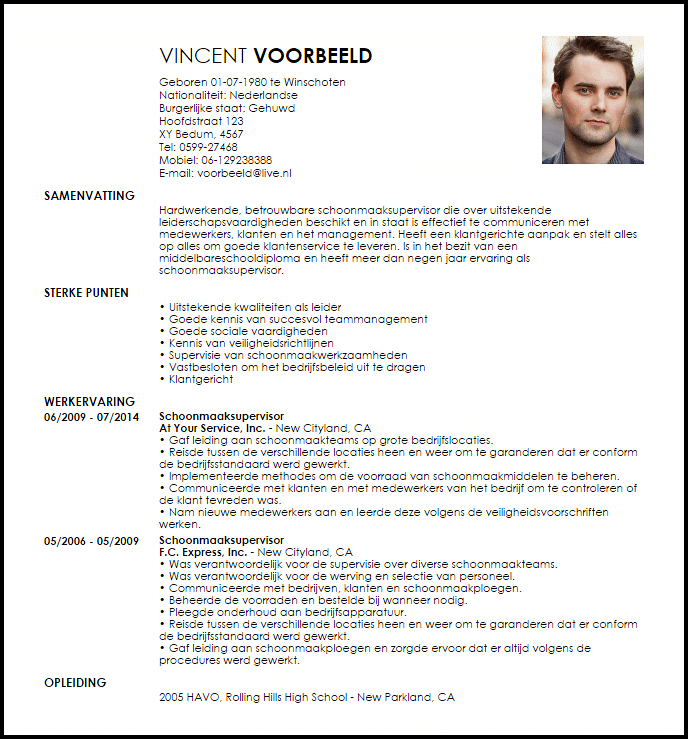 schoonmaaksupervisor voorbeeld cv