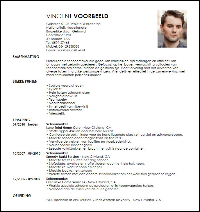 schoonmaker voorbeeld cv