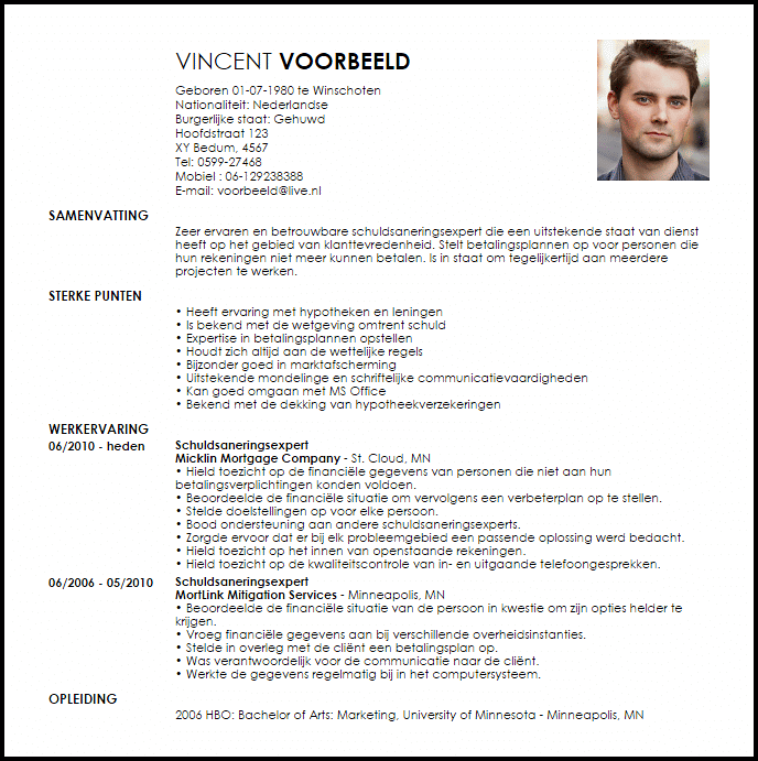 schuldsaneringsexpert voorbeeld cv