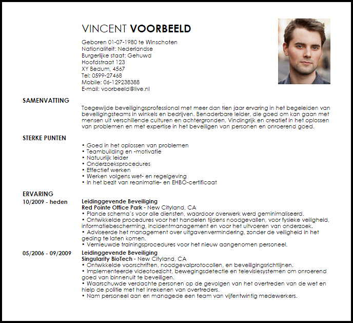 security supervisor voorbeeld cv