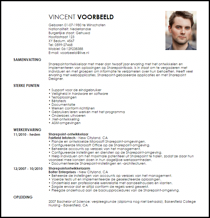 sharepointontwikkelaar voorbeeld cv