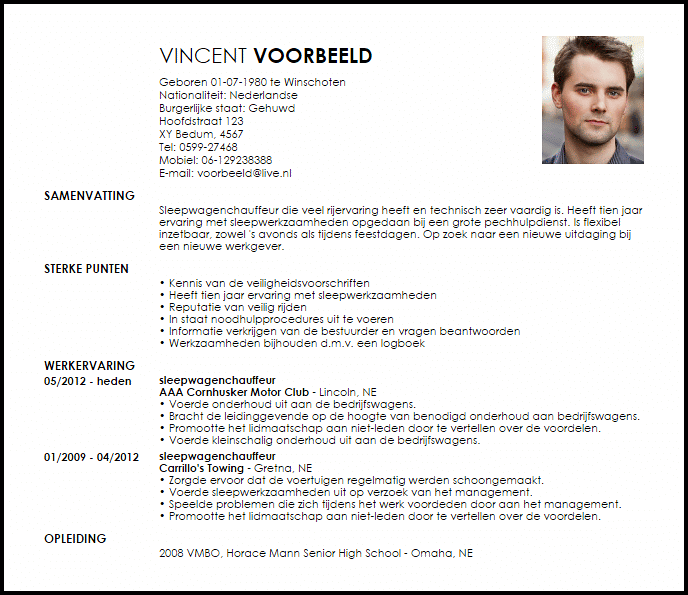 sleepwagenchauffeur voorbeeld cv