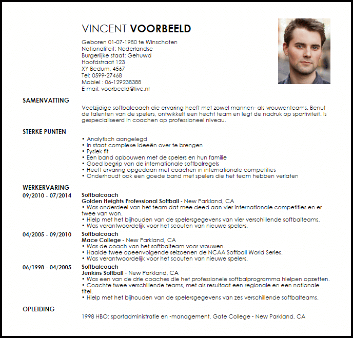 softbalcoach voorbeeld cv