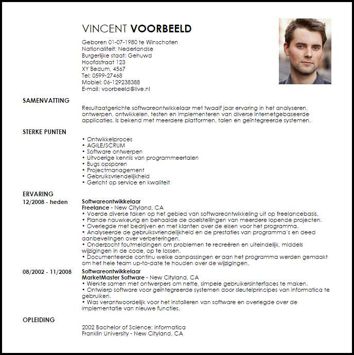 softwareontwikkelaar voorbeeld cv