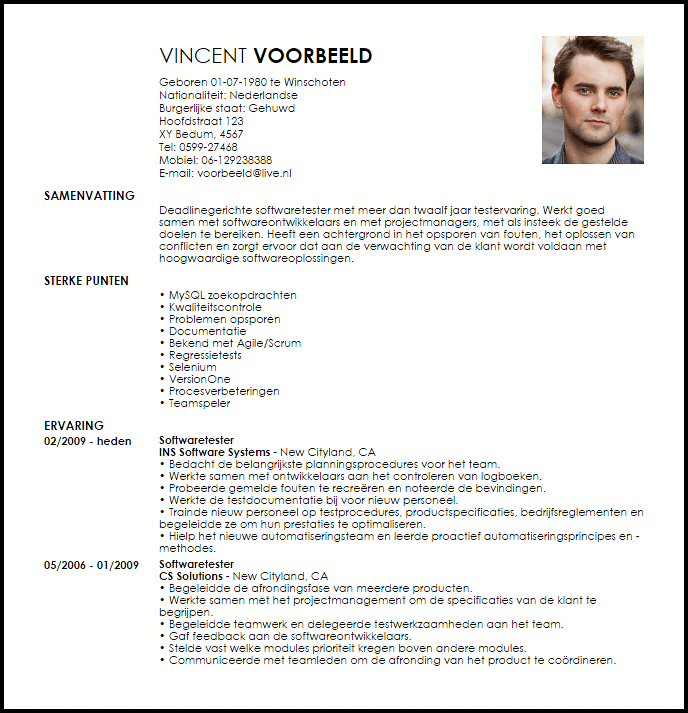 softwaretester voorbeeld cv