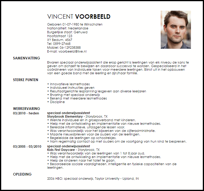 speciaal onderwijsassistent voorbeeld cv