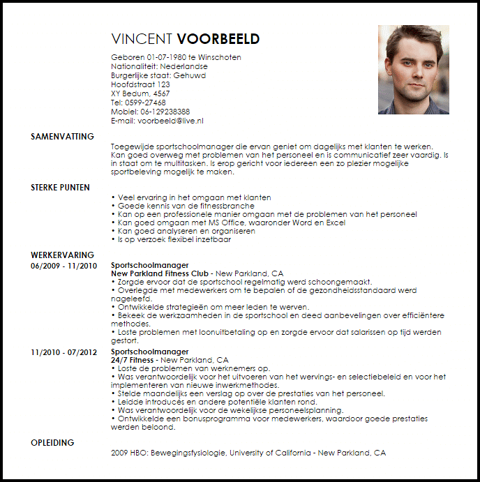 sportschoolmanager voorbeeld cv