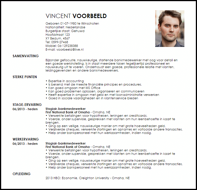 stagiair bankmedewerker voorbeeld cv