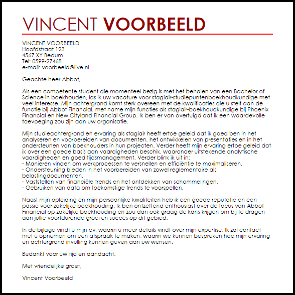 Voorbeeld Sollicitatiebrief Stagiair Studiepuntenboekhoudkundige Livecareer